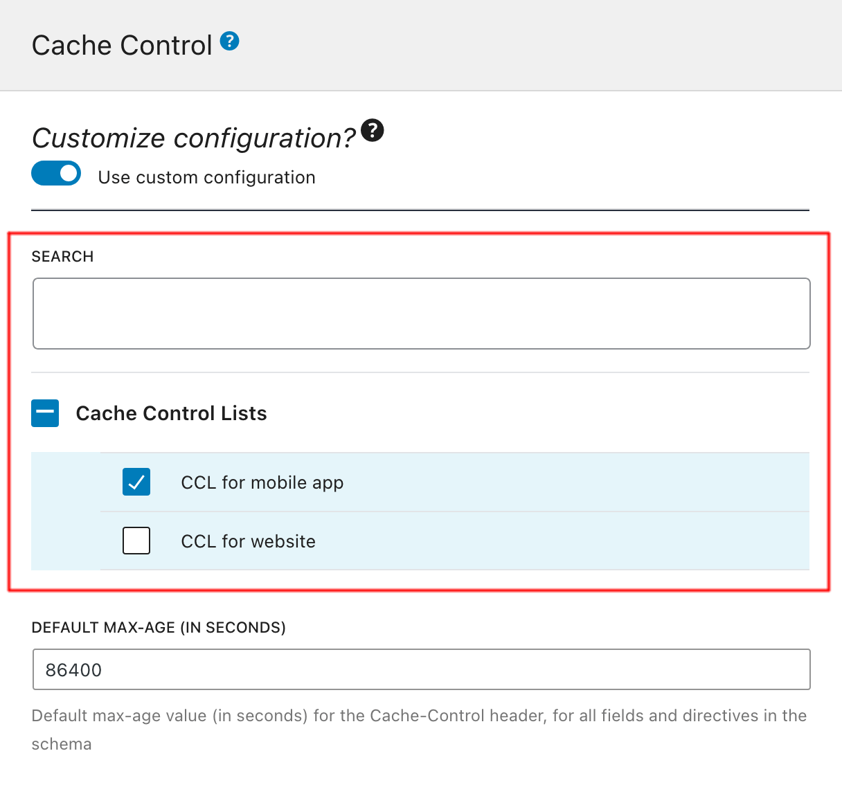 Выбор списка Cache Control в конфигурации схемы Выбор списка Cache Control в конфигурации схемы