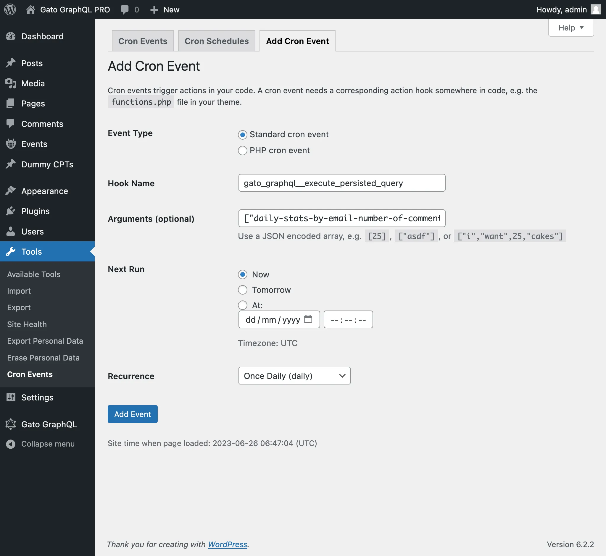 Новая запись в WP-Crontrol Новая запись в WP-Crontrol
