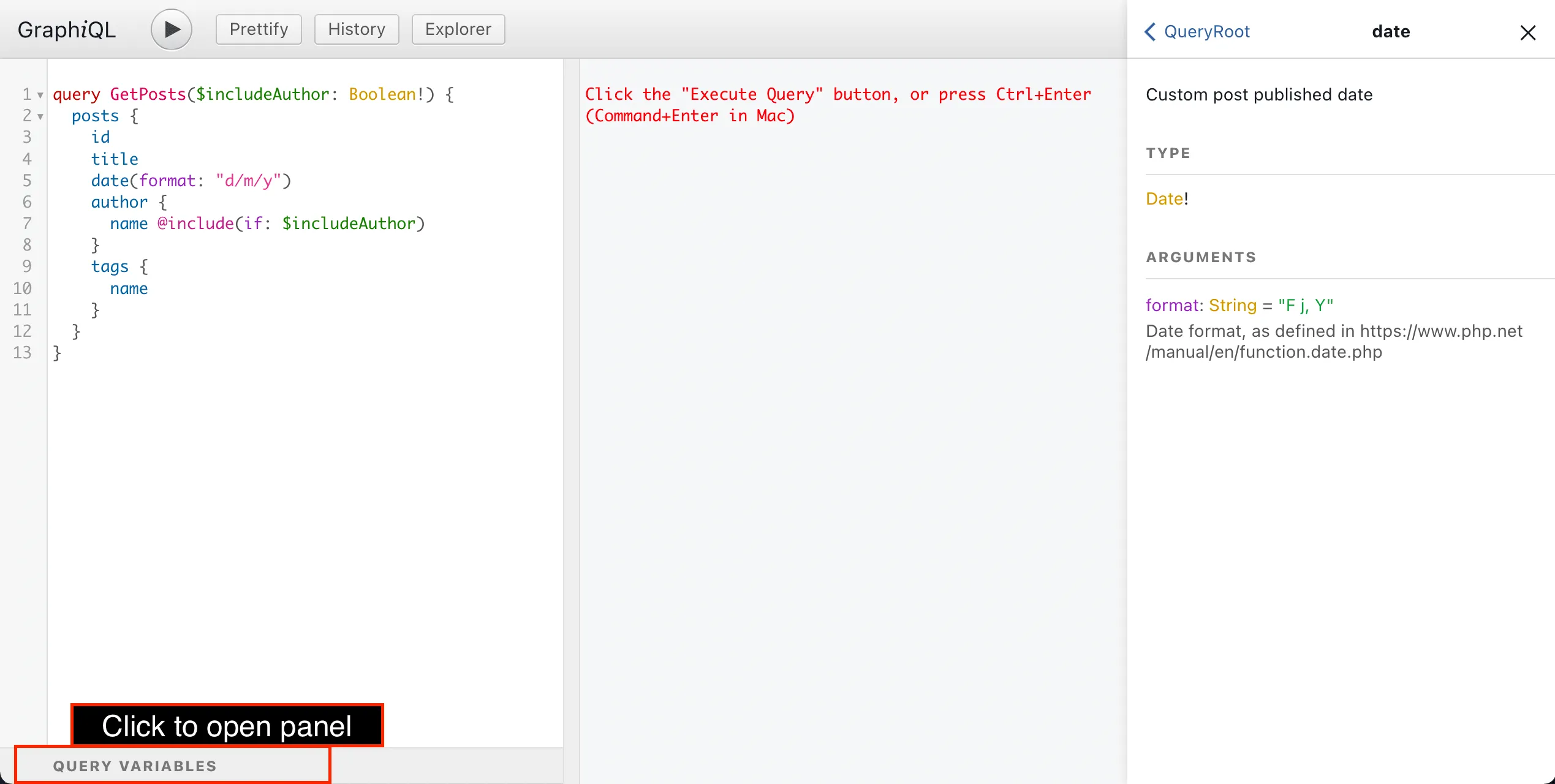 Открытие панели Query variables Открытие панели Query variables