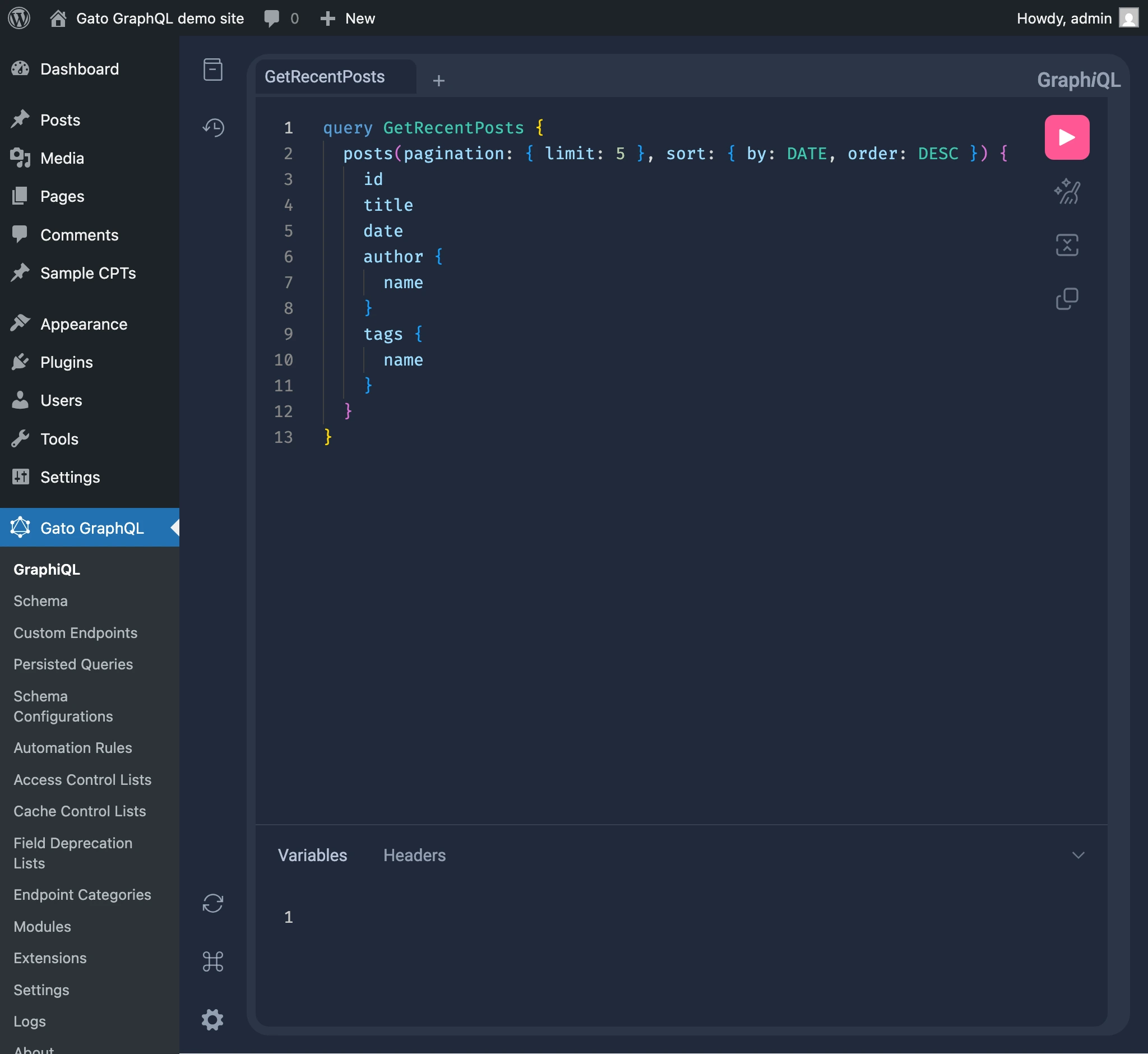 Клиент GraphiQL внутри wp-admin