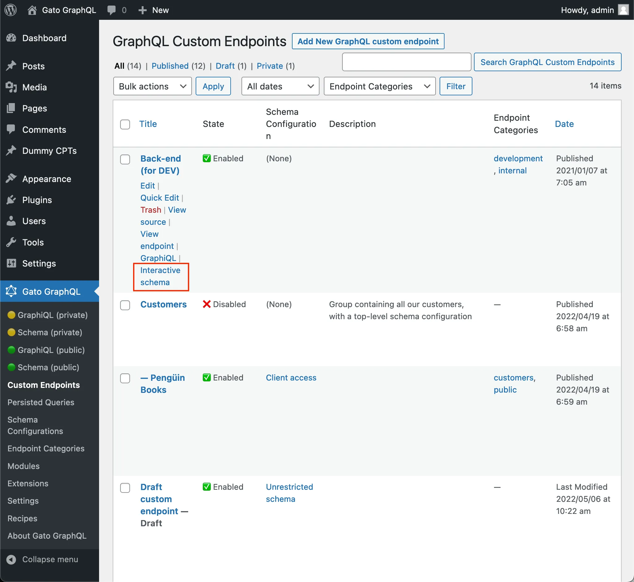 Ссылка на клиент Interactive Schema пользовательского endpoint в списке