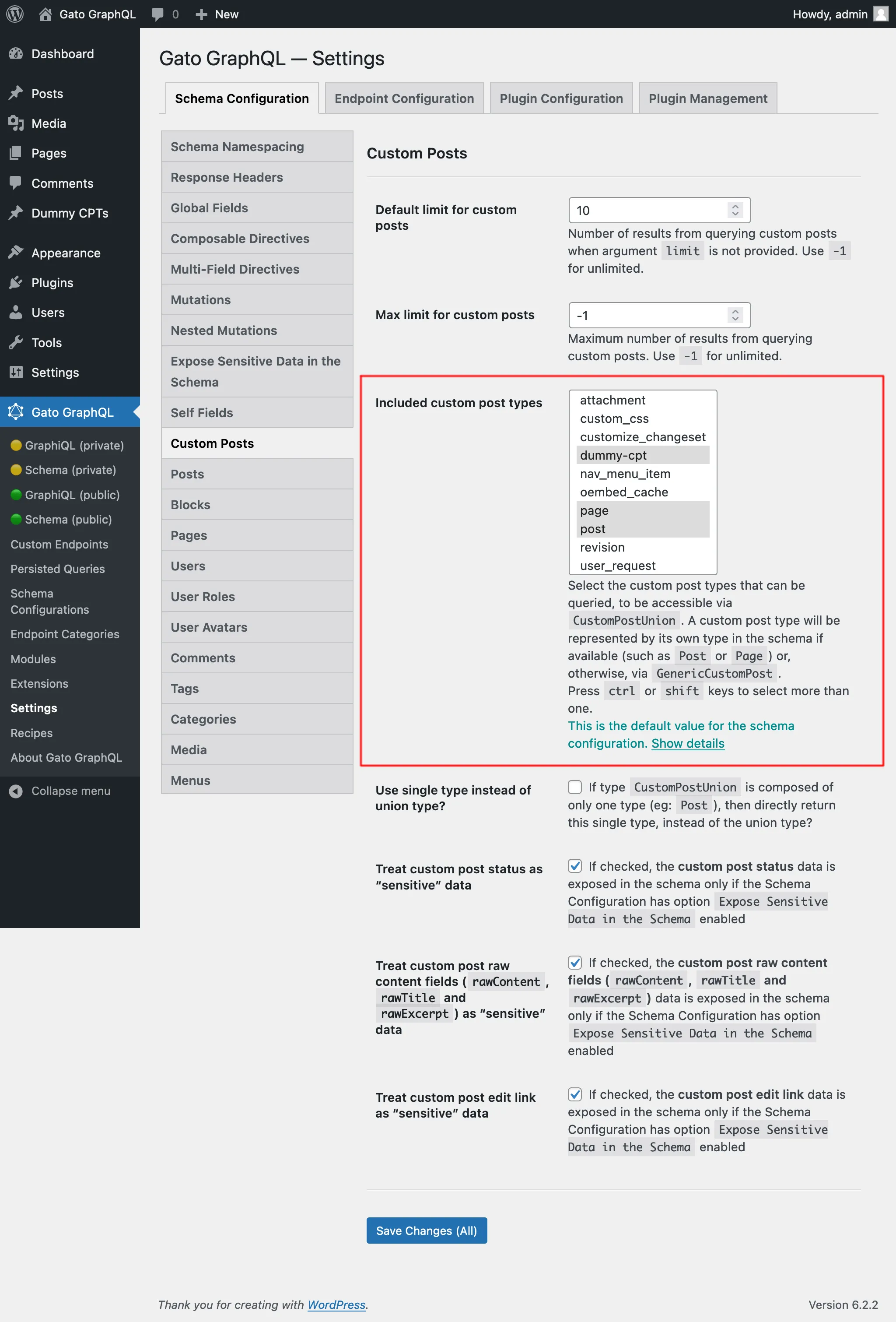 Выбор разрешённых Custom Post Types в настройках