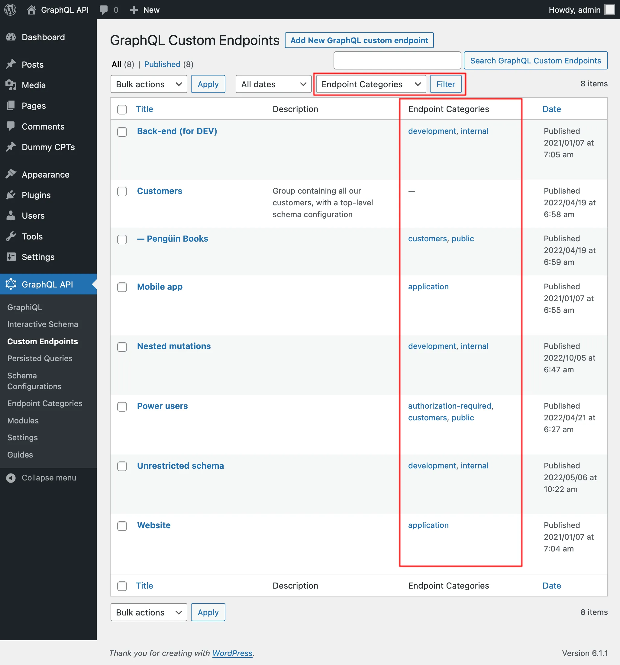 Список Custom Endpoints с категориями Список Custom Endpoints с категориями