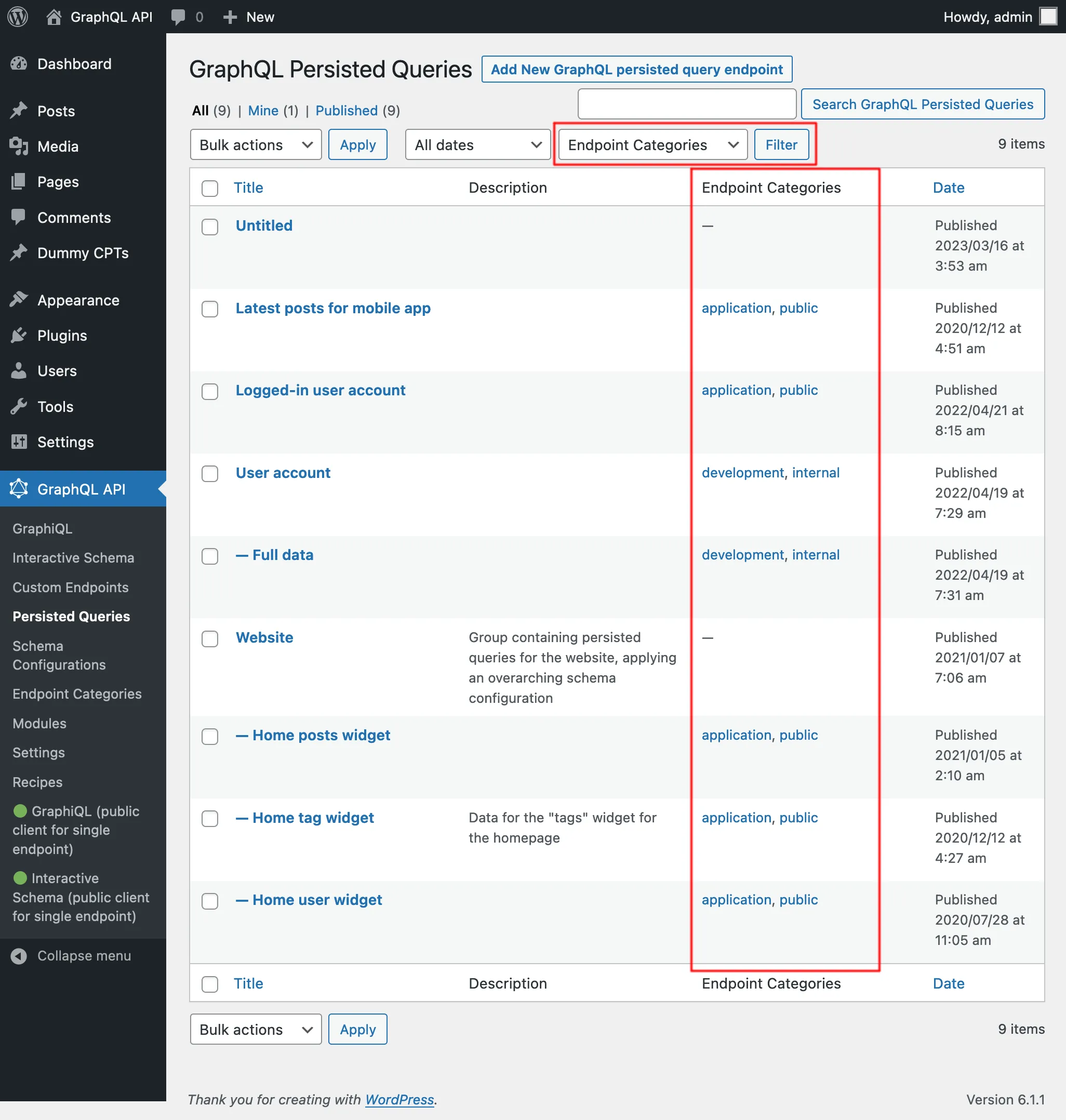 Список Persisted Queries с категориями