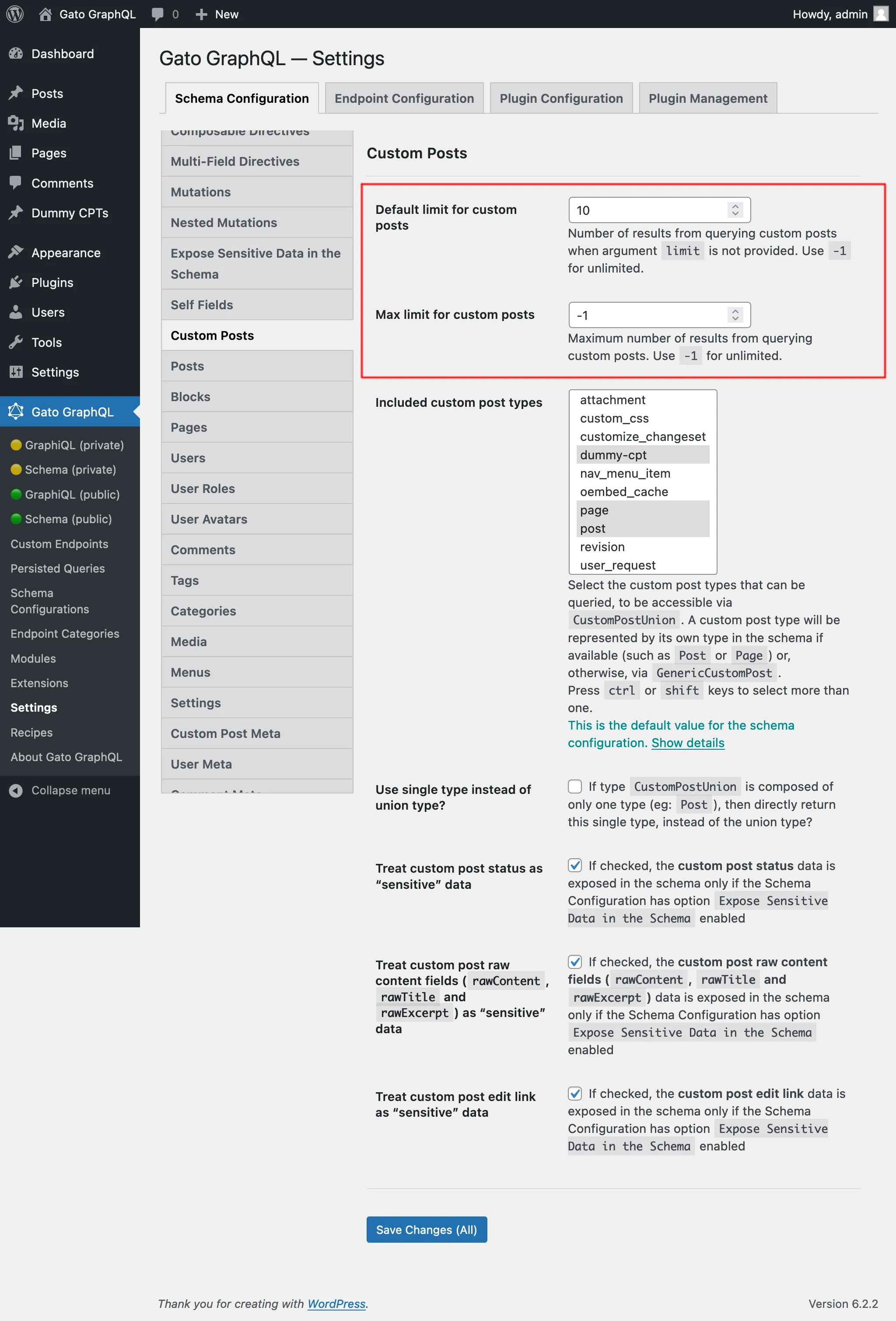 Настройки лимитов для Custom Post