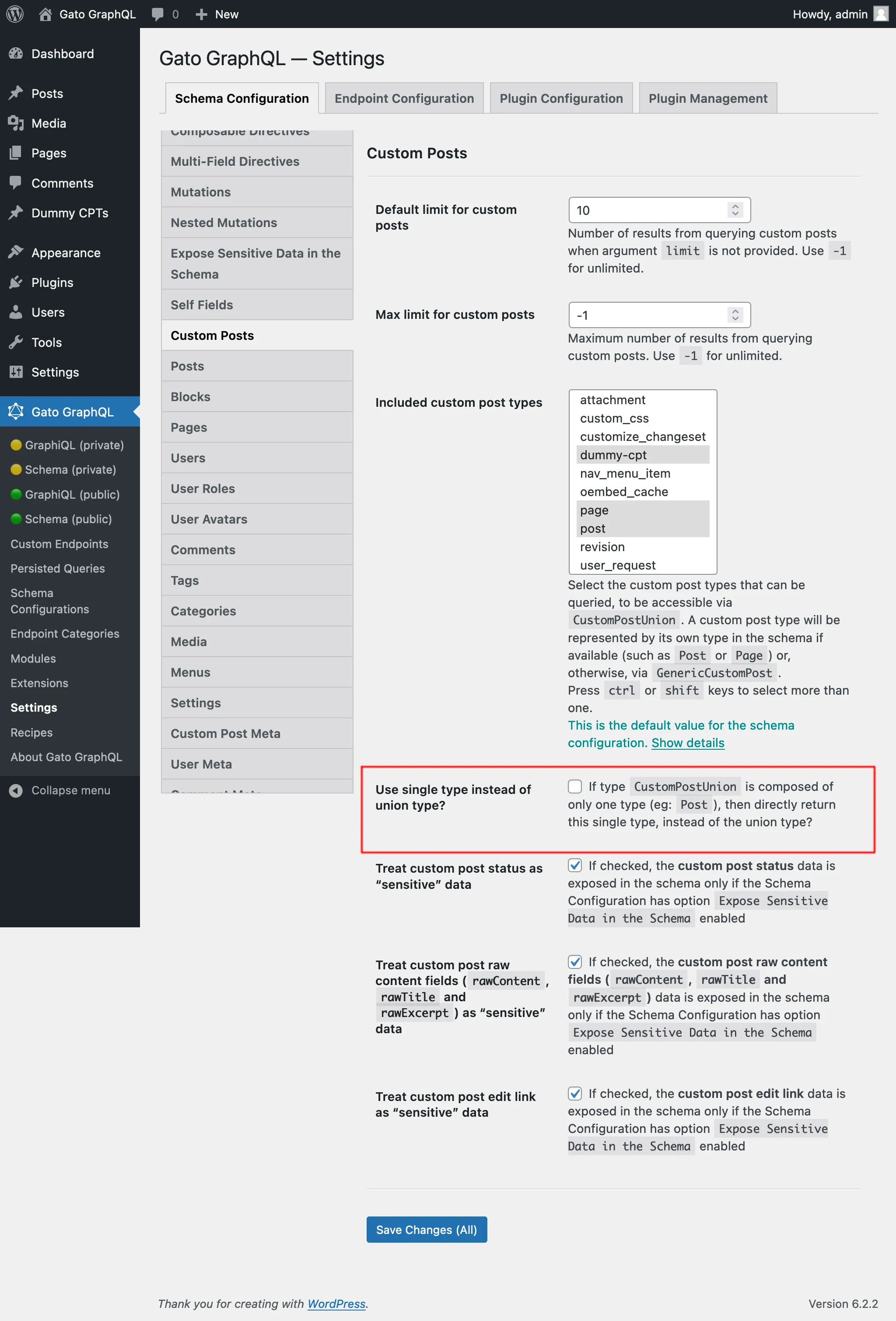 Настройки для Custom Posts