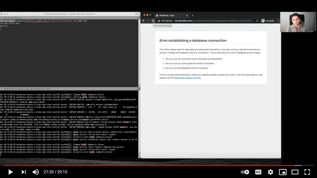 Атака на endpoint GraphQL с целью вывести сайт WordPress из строя. Скриншот из доклада Долева Фархи Атака на endpoint GraphQL с целью вывести сайт WordPress из строя. Скриншот из доклада Долева Фархи