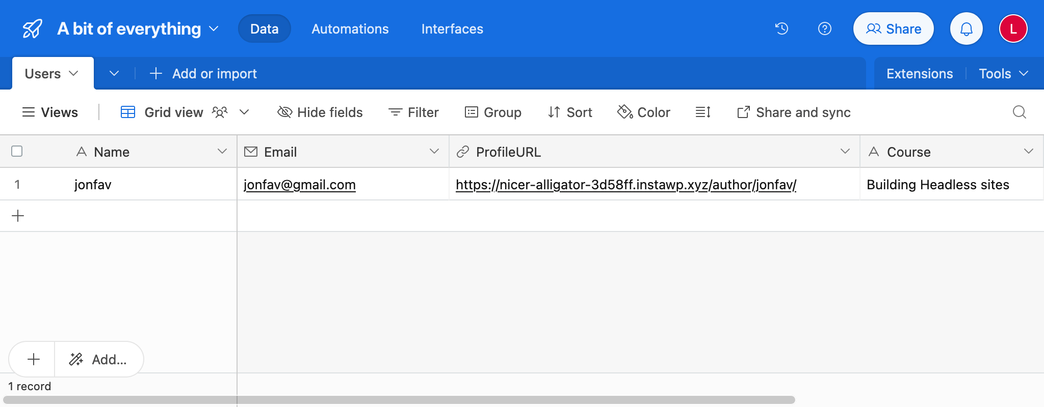 Таблица в AirTable с данными LMS