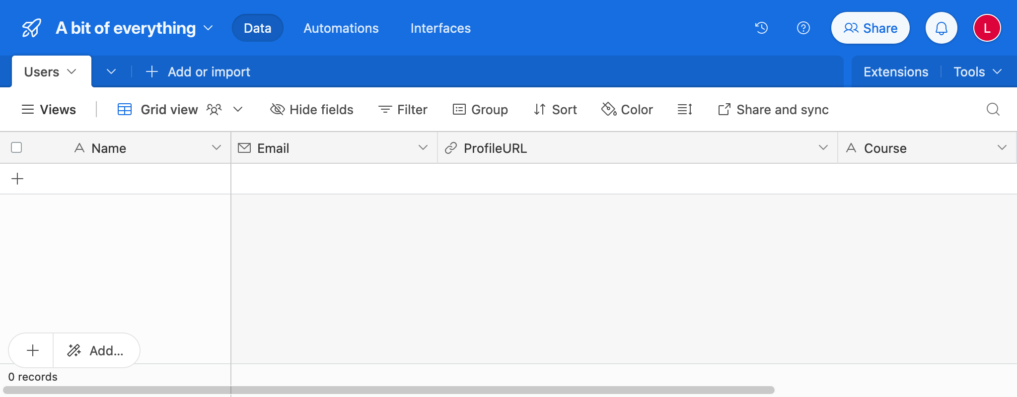 Таблица в AirTable с данными LMS