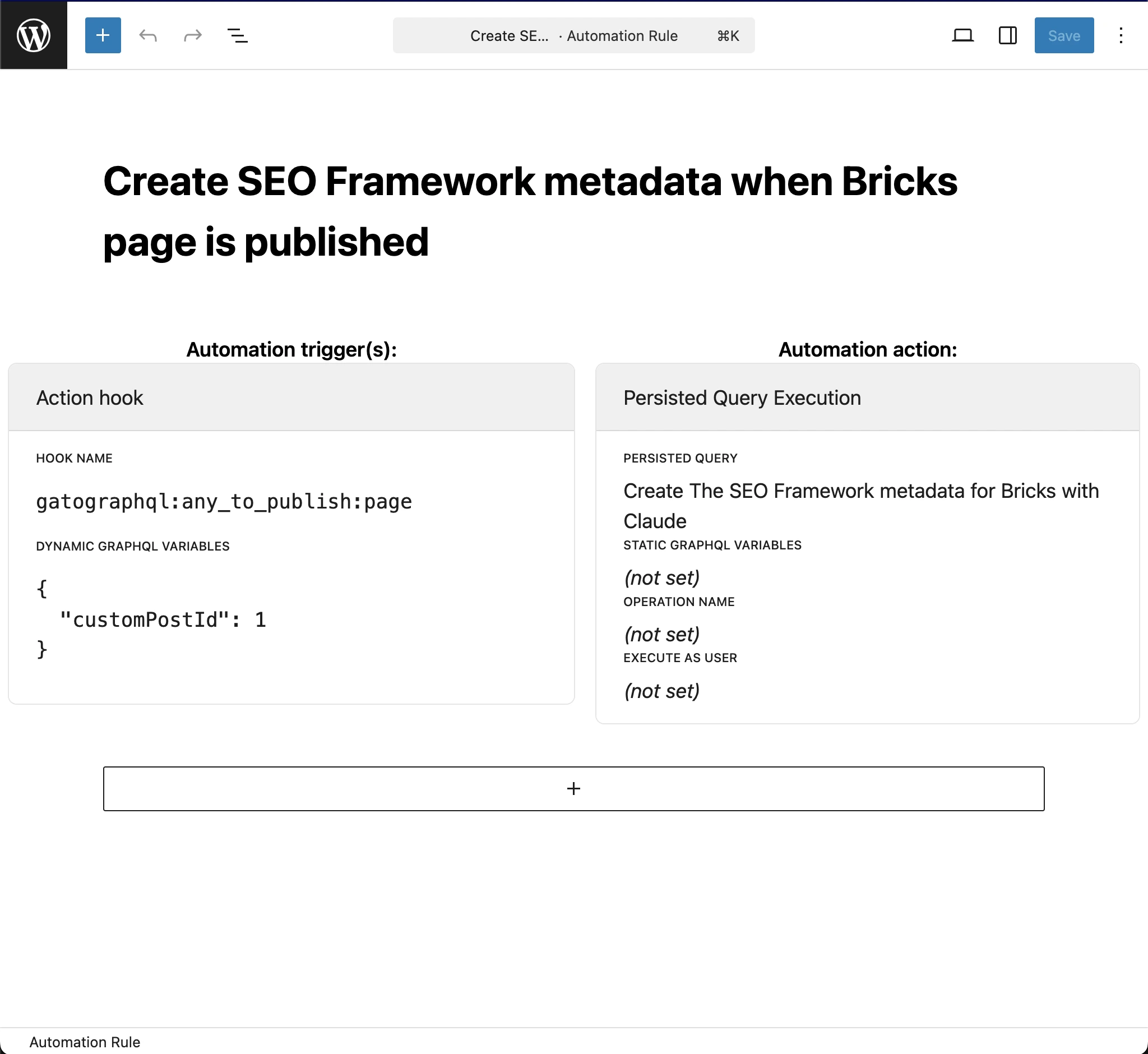 Правило Automation для создания метаданных The SEO Framework для Bricks с помощью Claude