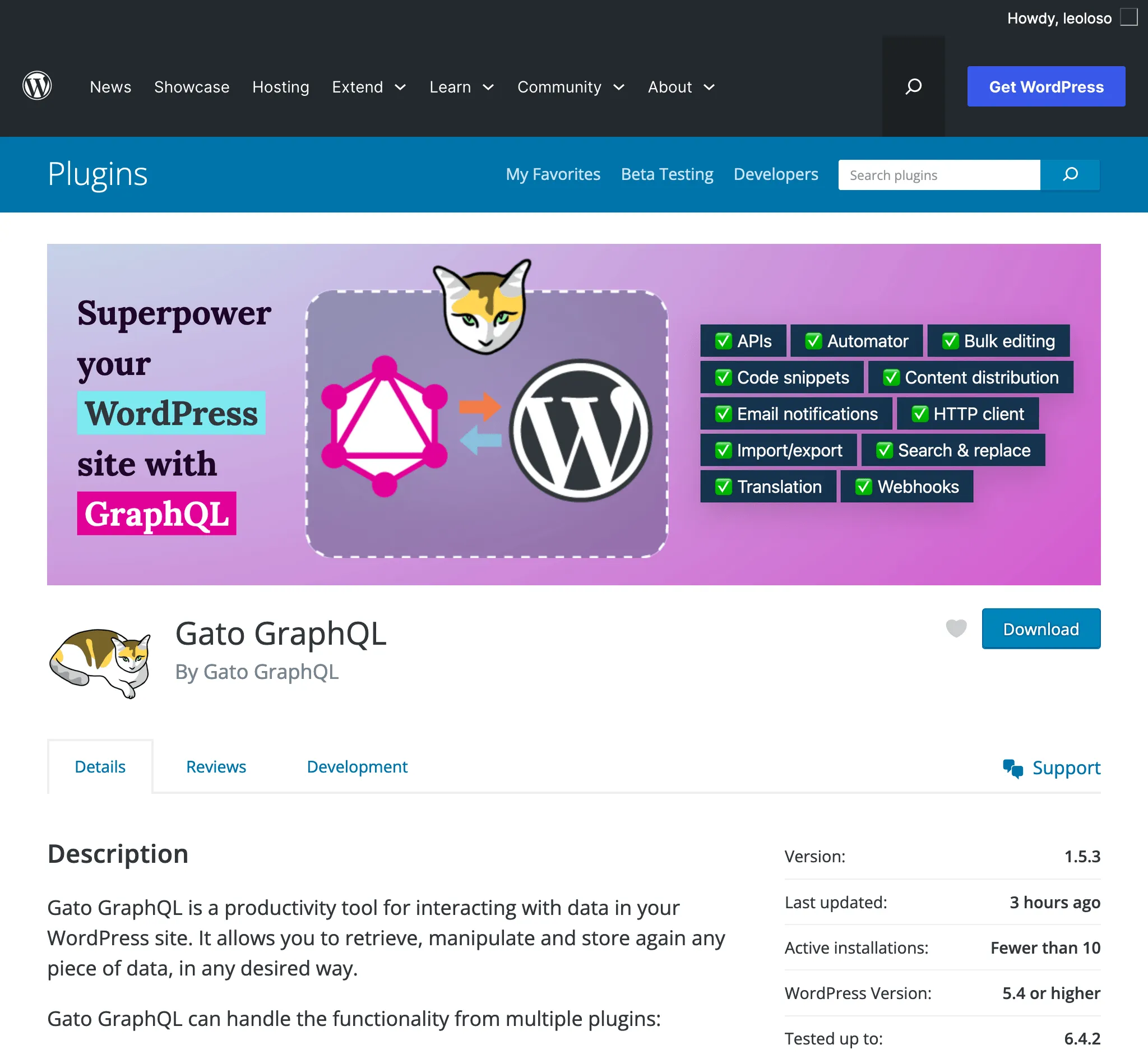 Gato GraphQL в каталоге плагинов WordPress