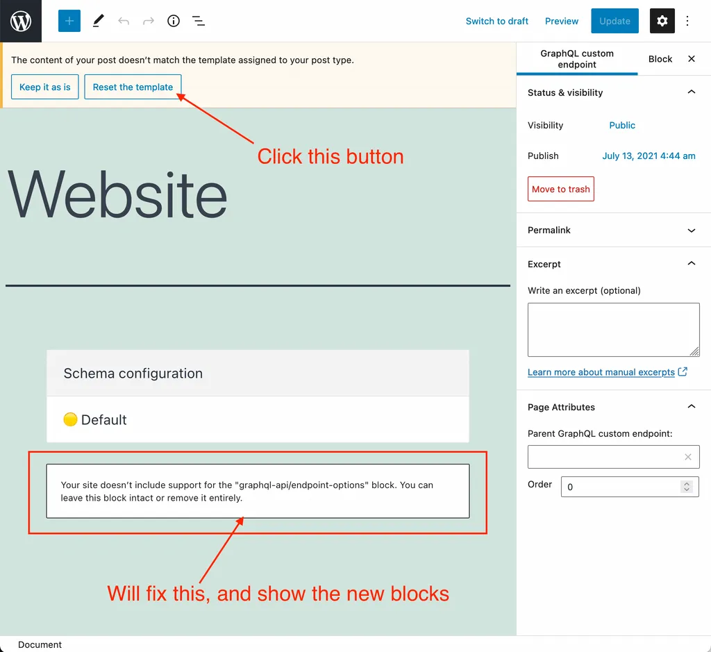 Reset the template в редакторе WordPress Reset the template в редакторе WordPress
