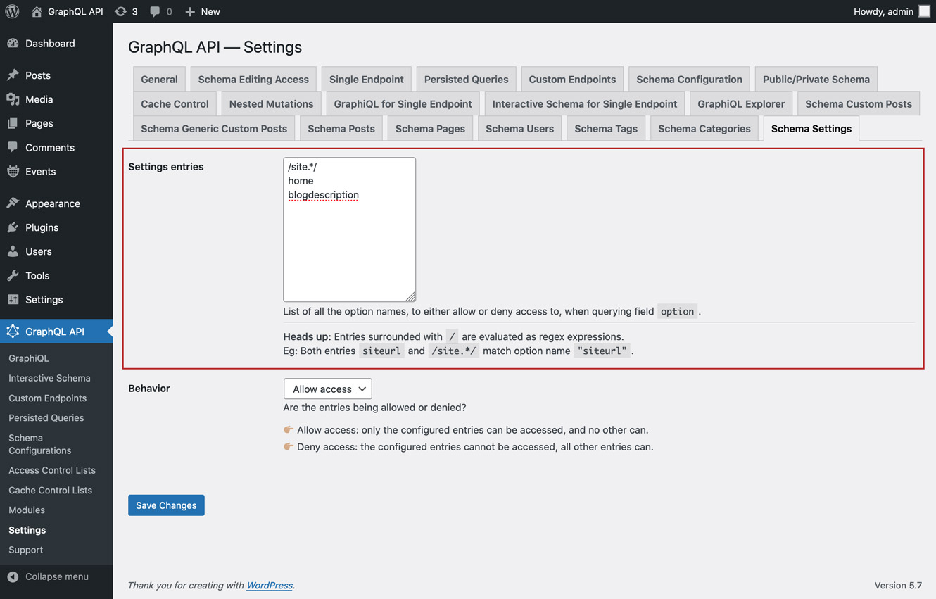 Определение записей для Settings Определение записей для Settings