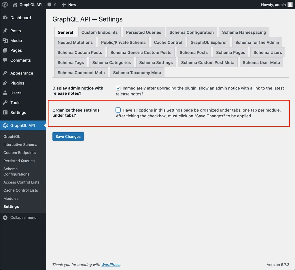 Флажок для включения/отключения вкладок в Settings Флажок для включения/отключения вкладок в Settings